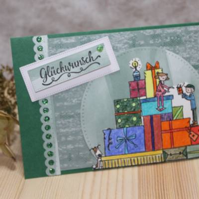 Handgefertigte Grußkarte Glückwunsch | Klappkarte | Geschenkeberg | Geschenke | Glitzer