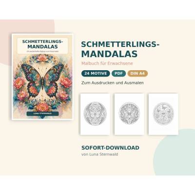 Schmetterlings-Mandalas für Erwachsene – 24 Ausmalbilder – PDF-Download DIN A4