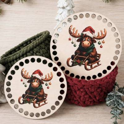 Häkelboden Holz Elch Weihnachten • Holzboden für Häkelkörbe rund • DIY Häkelset Weihnachtselch • Boden mit Löchern zum H