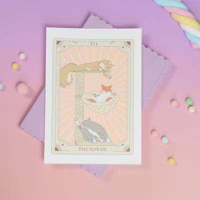 Kunstdruck A5 "TAROT The Tower" - Katze im Tarotkarten-Stil