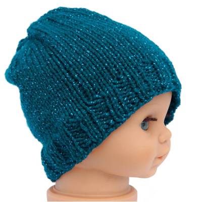 Handgestrickte Kindermütze Dunkeltürkis Glitzer – Weiche Unisex Beanie für Jungen & Mädchen