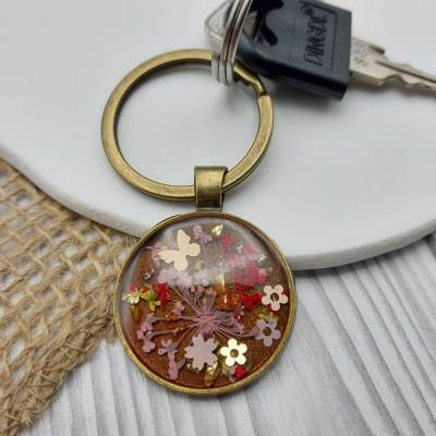 Schlüsselanhänger mit Trockenblumen & Glitzer – Resin, Metallfassung, 2,8 cm, bronze