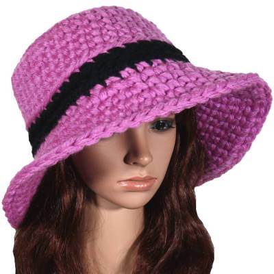 Winterhut Pink & Black Damenhut XL 60/61 cm gehäkelt – Einzelstück mit breiter Krempe