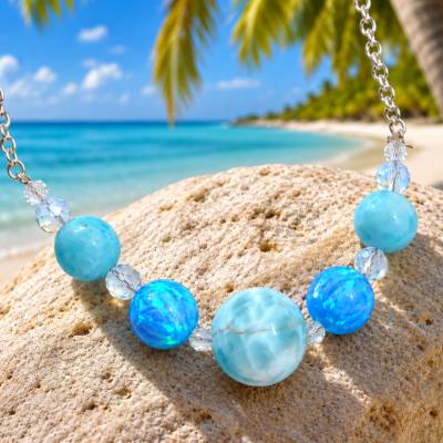 Atlantiskette – Larimar & Opalperlen | Handgefertigte Halskette 54 cm