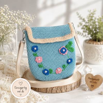 Handgefertigte Umhängetasche Damen hellblau mit Blumen – einzigartige Schultertasche, verstellbar, gefüttert