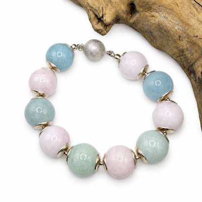 Beryll Armband mit Morganit & Aquamarin | 925 Silber | Edelsteinarmband in Pastell | 16 mm Kugeln