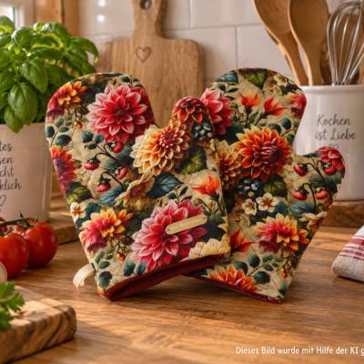 Handgefertigte Topflappen mit Blumenmotiv | 4-lagig mit Thermolan | Hitzeschutz für die Küche | mit Aufhängeschlaufe