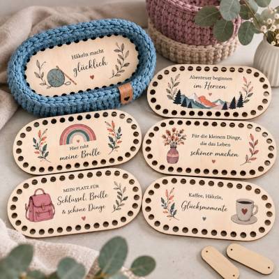 Häkelboden Oval aus Holz mit Spruch • Korbboden 3mm Lindensperrholz in 9x19 & 10x21 cm • 6 Motive zur Auswahl