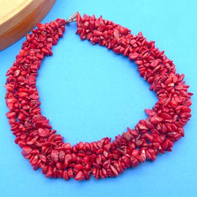 Splitterkette Koralle rot mehrreihig Halskette innen 40 cm Chips Edelsteinkette