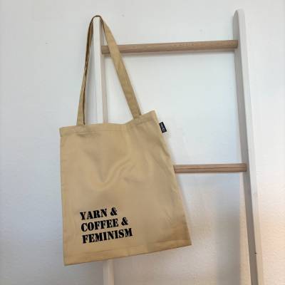 Jutebeutel „YARN, COFFEE, FEMINISM“ | Handgemachte Tasche mit Siebdruck
