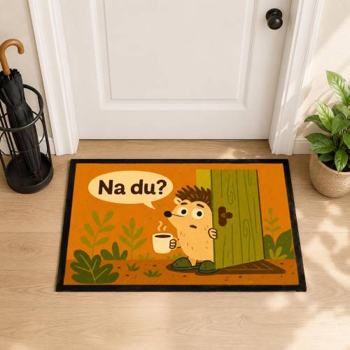 Fußmatte Igel Na du 40x60 cm – lustige Türmatte mit Igel und Kaffee, Geschenk zum Einzug für Igel Fans