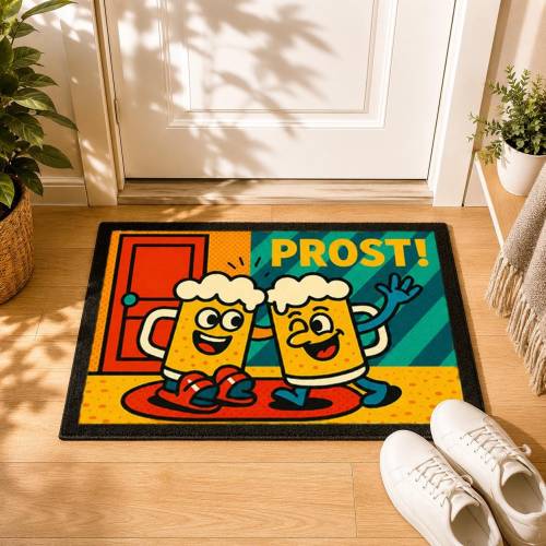 Fußmatte Bier „Prost!“ – lustige Türmatte 60×40 cm, rutschfeste Schmutzmatte für Bar, Party & Männergeschenk