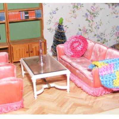 Lundby Clubgarnitur Salon Symphonie rosa Sofa + 2 Sessel mit Couchtisch 80er Jahre