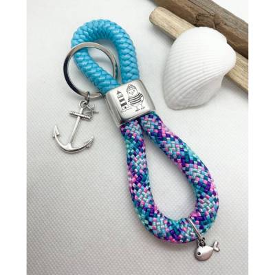 Schlüsselanhänger aus Segelseil/Segeltau, Zwischenstück: "Möwe und Leuchtturm", türkis/pink/lila/rosa