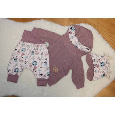 Bio Baby Set Gr. 62/68 – Kapuzenpullover, Pumphose & Mütze – GOTS Jersey – Geschenk zur Geburt