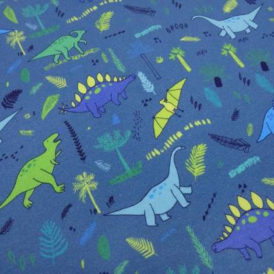 Stoff Baumwolle French Terry Sommersweatshirtstoff Dino Dinosaurier Design blau grün türkis Kinderstoff Kleiderstoff