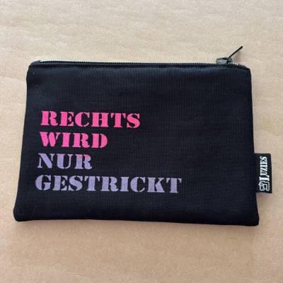 Kleines Reißverschlusstäschchen "Rechts wird nur gestrickt" – handgenähtes Mäppchen mit Siebdruck