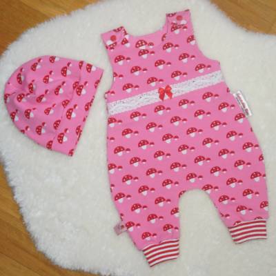 Süßer Baby Strampler/Romper & Mütze Gr. 50/56 Jersey rosa Fliegenpilze, Geschenk zur Geburt, Homecoming Set, Reborn
