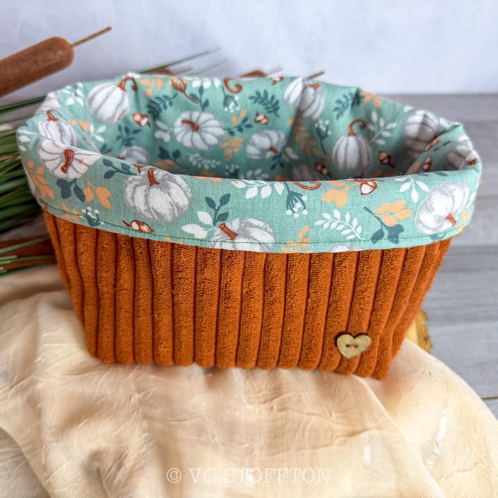 Herbst Utensilo aus Cord Rost mit Kürbissen | Stoffkorb handgemacht