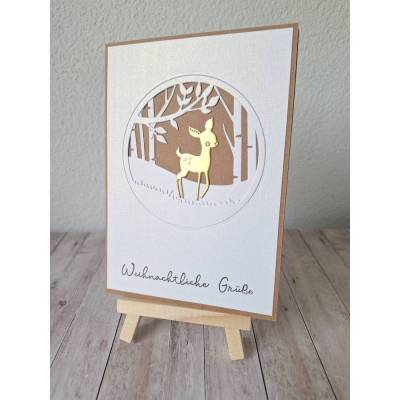 Weihnachtskarte handgemacht golden Rehkitz im Winterwald