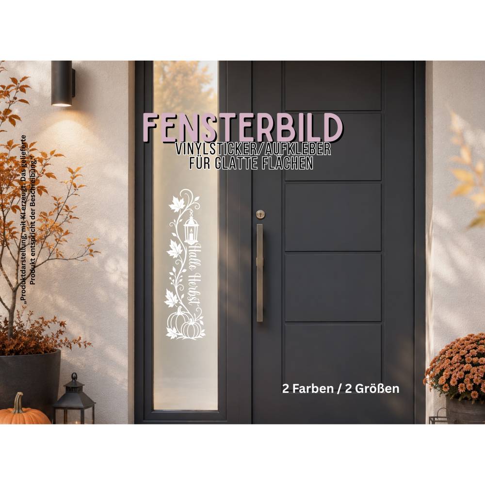 Herbst Fensteraufkleber Hochkant „Hallo Herbst“ Sticker für Fenster o. Türen , 2 Farben , 2 Größen, senkrechte Deko Bild 1