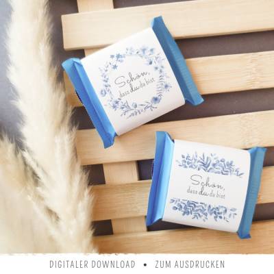 Mini-Ritter-Sport-Banderolen "Schön, dass du da bist" | Gastgeschenk für Hochzeit, Taufe & Geburtstag | 2 Designs Blau |