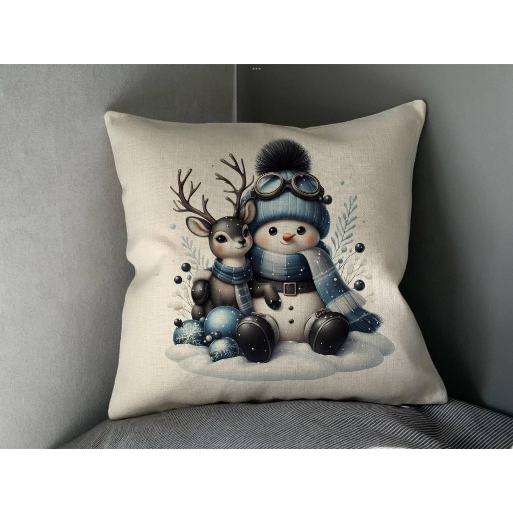 Kissen mit Weihnachtsmotiv , weihnachtliche Deko mit Schneemann und Rentier im bauen Design