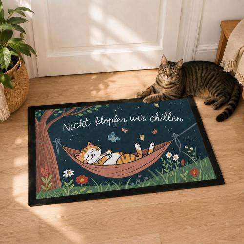 Fußmatte Katze Nicht klopfen wir chillen 40x60 cm – lustige Türmatte mit Katze in Hängematte, Geschenk für Katzenfans