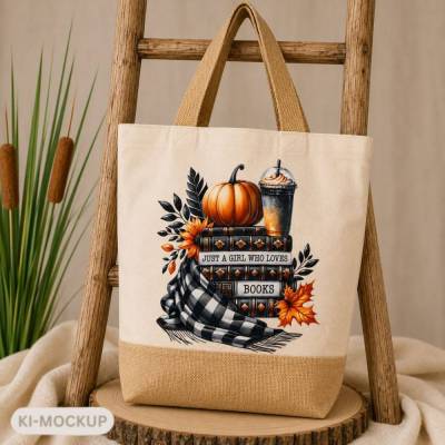 Herbst Jute Tasche für Buchliebhaber – „Just a Girl Who Loves Books“ Shopper mit Kürbis