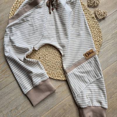 Kinder Pumphose Pants Gr.104/110 – Bio-Baumwolle | Unisex Unikat | Beige gestreift, Atmungsaktiv