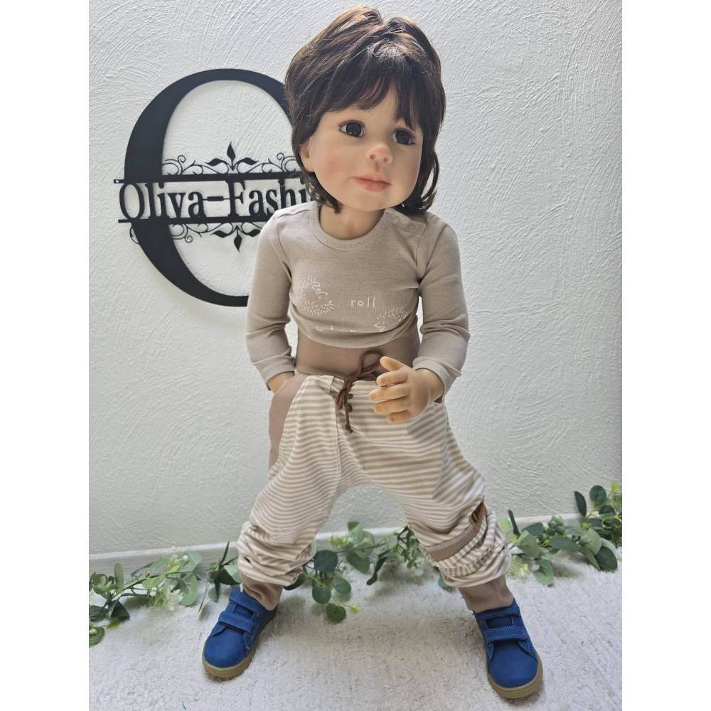 Kinder Pumphose Pants Gr.104/110 – Bio-Baumwolle | Unisex Unikat | Beige gestreift, Atmungsaktiv Mitwachsend Bild 6
