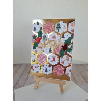 Weihnachtskarte handgemacht Merry Christmas roter Mistelzweig Gold