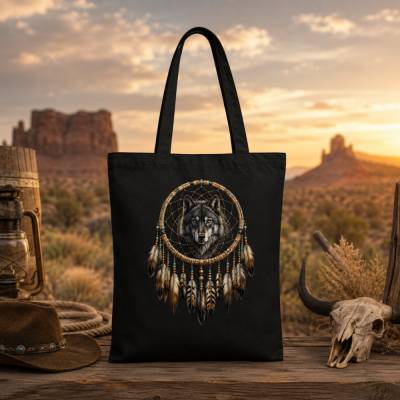 Schwarzer Beutel, bds. bedruckt mit einem nativen Mandala mit Wolf von Spirit Trail Design