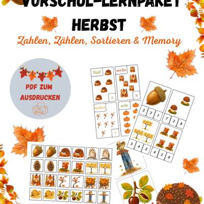 Herbst-Bundle für Kinder – Zahlen lernen, Zählen & Mengen, Memory und Sortierspiel | Printable PDF