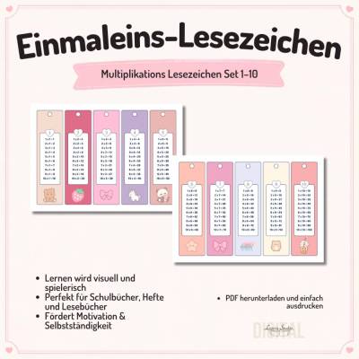 Multiplikations Lesezeichen Set 1–10 | Mathe Lernhilfe für Kinder | Cute Lernkarten | Schule & Grundschule