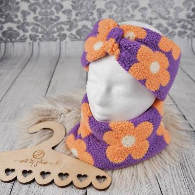 Kuschel Schal / Stirnband / Set - Blumen lila 