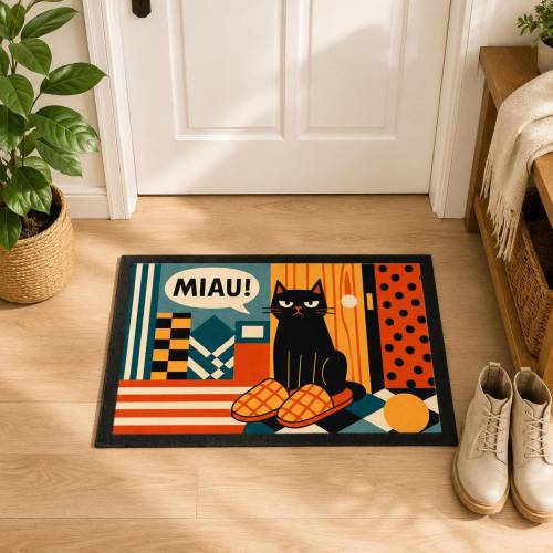 Fußmatte Katze MIAU 40x60 cm – lustige Türmatte mit schwarzer Katze, bunter Retro Pop Art, Geschenk für Katzenfans