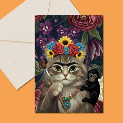 Grußkarte A6 "Frida Catlo" mit Umschlag - Kunstkarte Katze