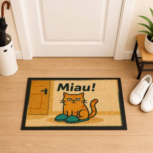 Fußmatte Katze Miau 40x60 cm – lustige Türmatte mit Katze in Pantoffeln, rutschhemmende Schmutzmatte, Geschenk für Katze