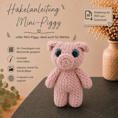 Häkelanleitung Mini-Piggy – süßes Schweinchen häkeln | No-Sew Amigurumi PDF 