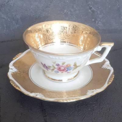 Vintage Oscar Schaller Prunk-Mokkatasse Espressotasse Gold Blumen Vintage 50s