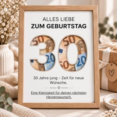 Geldgeschenk 30. Geburtstag zum Ausdrucken – PDF Vorlage | Last Minute Geschenk für Frau & Mann
