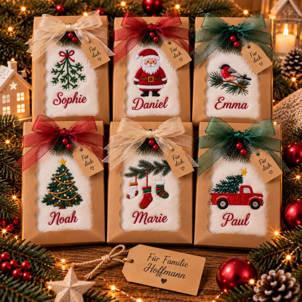Personalisierte Weihnachtshandtücher mit Name | 1–6 Stück | 9 Weihnachtsmotive | je 30 x 50 cm, 100% Baumwolle,Naturweiß Bild 1