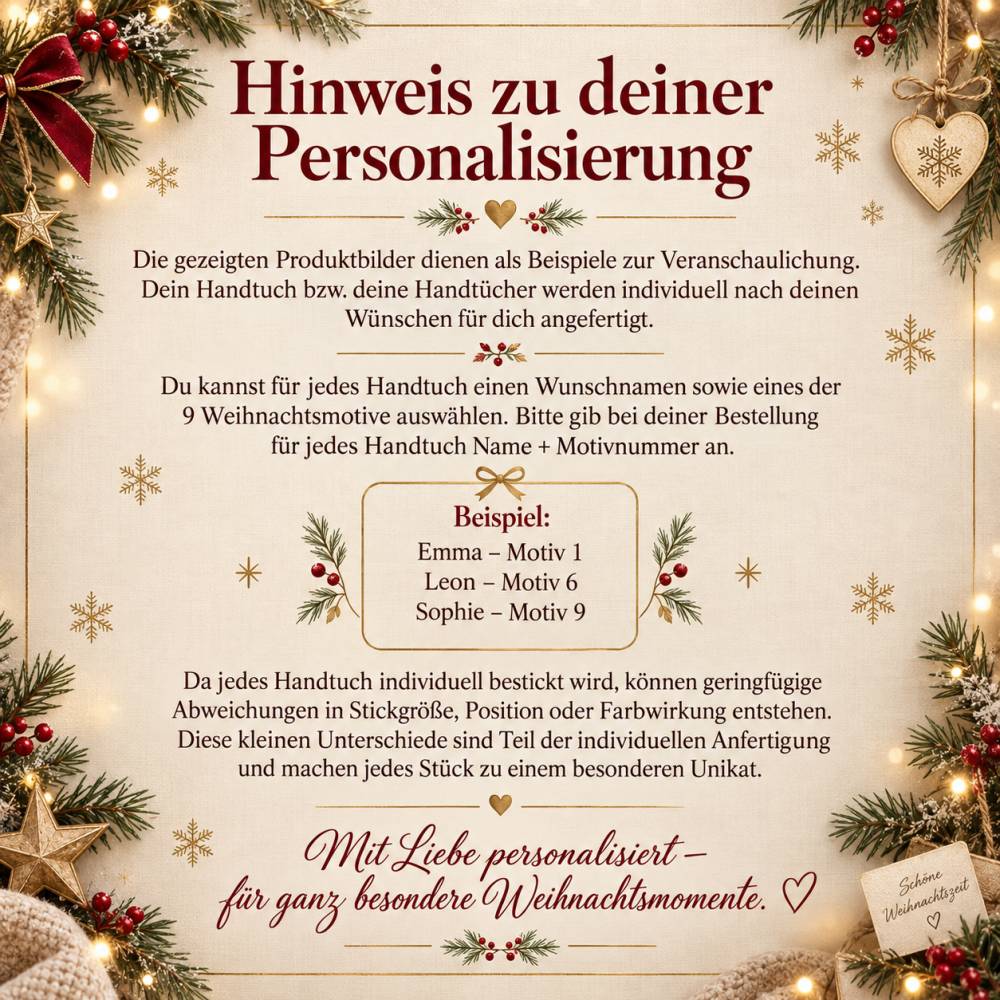 Personalisierte Weihnachtshandtücher mit Name | 1–6 Stück | 9 Weihnachtsmotive | je 30 x 50 cm, 100% Baumwolle,Naturweiß Bild 2
