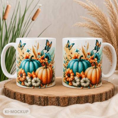 Herbst Tasse mit Kürbissen & Schmetterlingen – Keramiktasse mit Blumen 330 ml