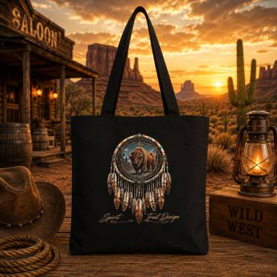 Schwarzer Beutel, bds. bedruckt mit einem nativen Mandala mit Bison von Spirit Trail Design