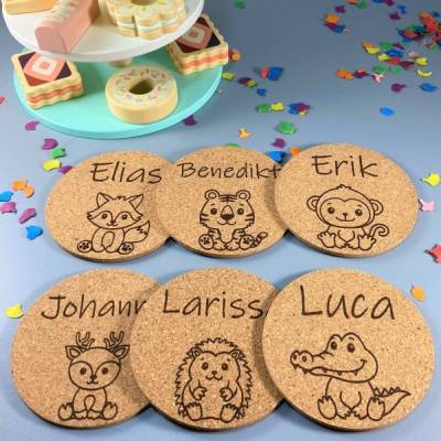 Kork Untersetzer personalisiert, Name Kinder, Geburtstag, Platzkarten, Gastgeschenk, Mitgebsel, Tischdeko, Party, Tiere