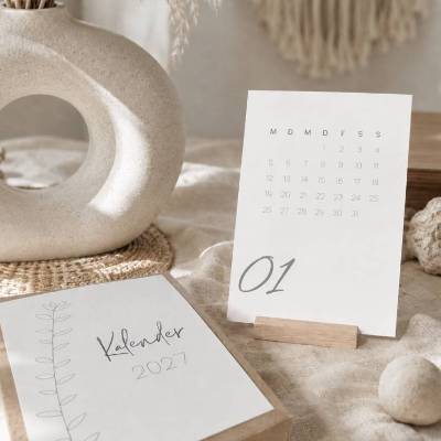 Tischkalender 2027 aus Naturpapier | Kalender mit Holzständer | Monatskarten Set | Geschenk | Weihnachten | Geburtstag