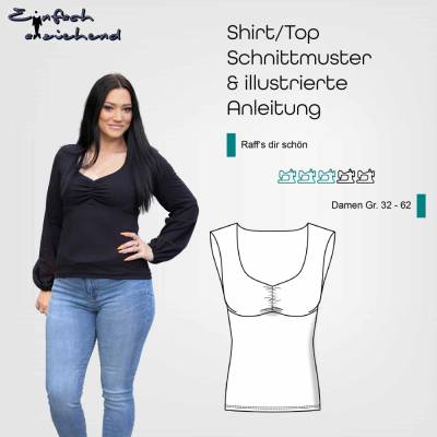 Schnittmuster Damen Shirt mit Raffung im Brustbereich aus Jersey, Größe 32 - 62, Ebook Damen Shirt und Top