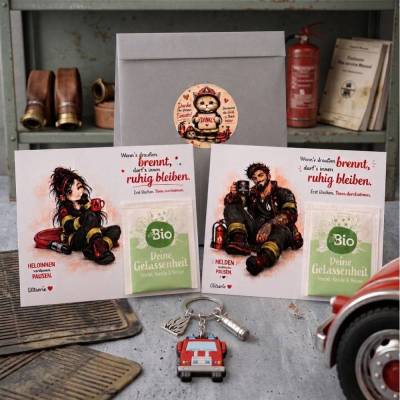Feuerwehr Geschenkset für Feuerwehrmann oder Feuerwehrfrau mit personalisierbarem Schlüsselanhänger